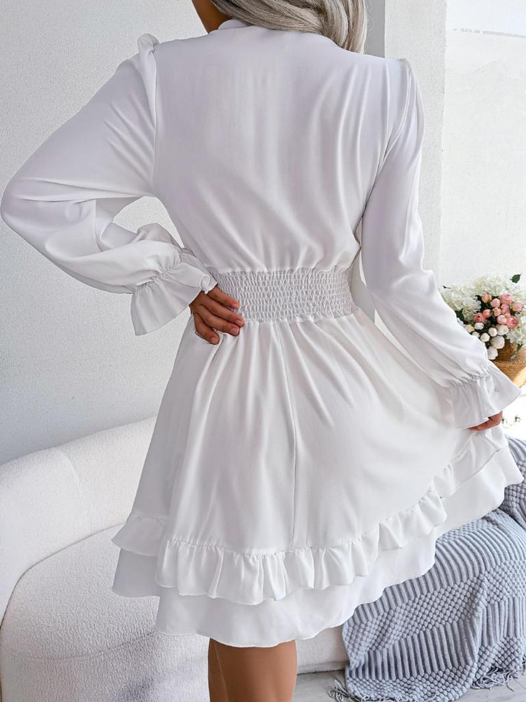 V Neck Solid Color Dress Waist Hugging  Elegant Fungus Dress for Women Long Sleeve Loose Dresses Causal Dress