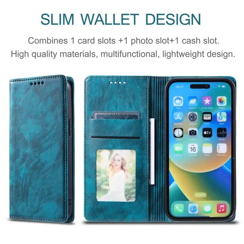 Leather Wallet Card Phone Case for iPhone 15 Pro Max 14 Plus 13 12 Mini 11 For Samsung Galaxy S23 Ultra S22 S21 S20 FE A54 A34 A14 A73 A53 Flip Cover