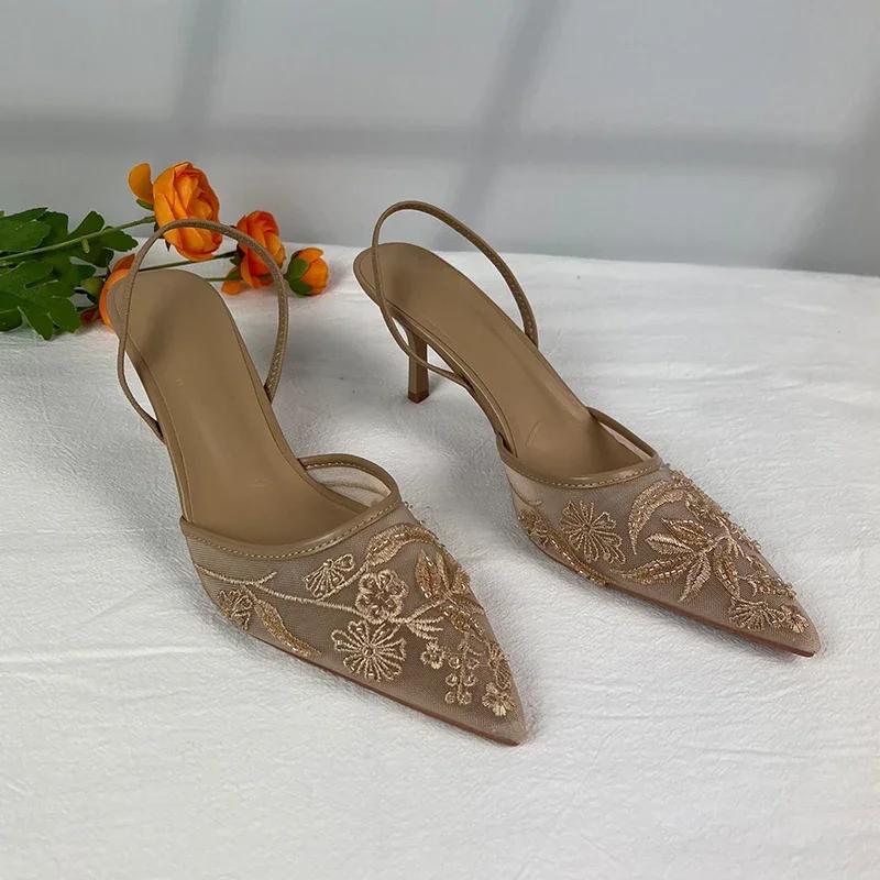 Soleist New Women Sandals Brand Designer Ladies Flower Mesh Open Heel Sandals Shoes Sexy High Heel Pointed Toe Stiletto Pumps Mules