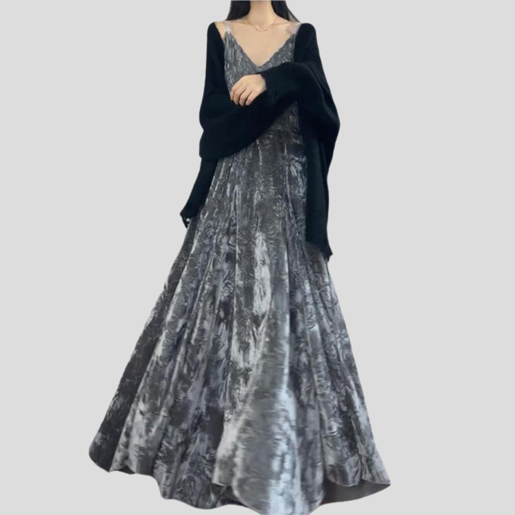 Abito Sottoveste da Donna in Velluto Autunno e Inverno Scollo a V Velluto Stampato Lungo