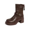 Fashion All Leather 7Cm Thick Heel Short Boots for Women's Shoes Autumn/winter New Double Buckle Decoration Breathable Slim Botas Mujer