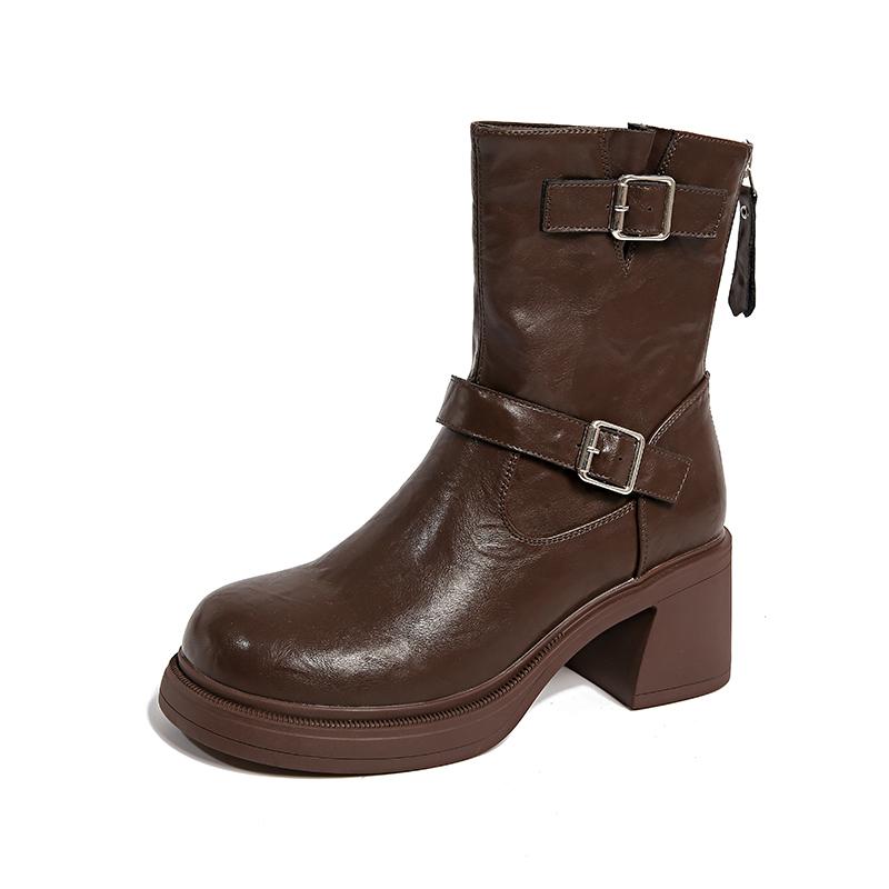 Fashion All Leather 7Cm Thick Heel Short Boots for Women's Shoes Autumn/winter New Double Buckle Decoration Breathable Slim Botas Mujer