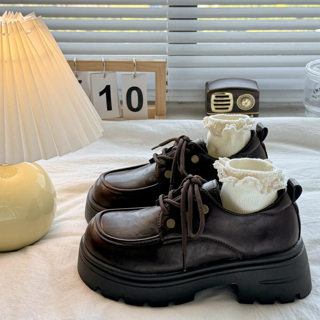 Fashion versatile round head lace-up autumn and winter new thick heel thick sole heightening small leather shoes