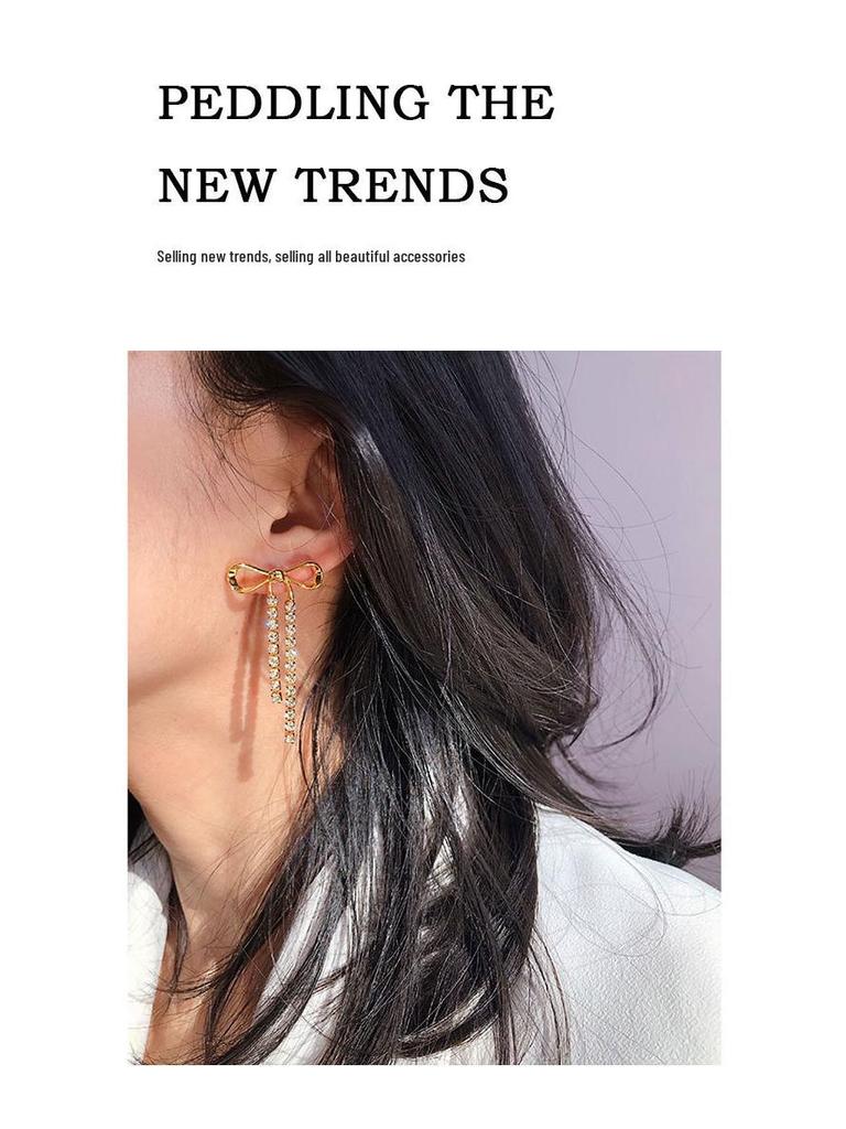 Dreamy Diamond Tassel Bow Earrings: Rococo Style, Sweet Cool Girl, Light Luxury, Preppy Studs.