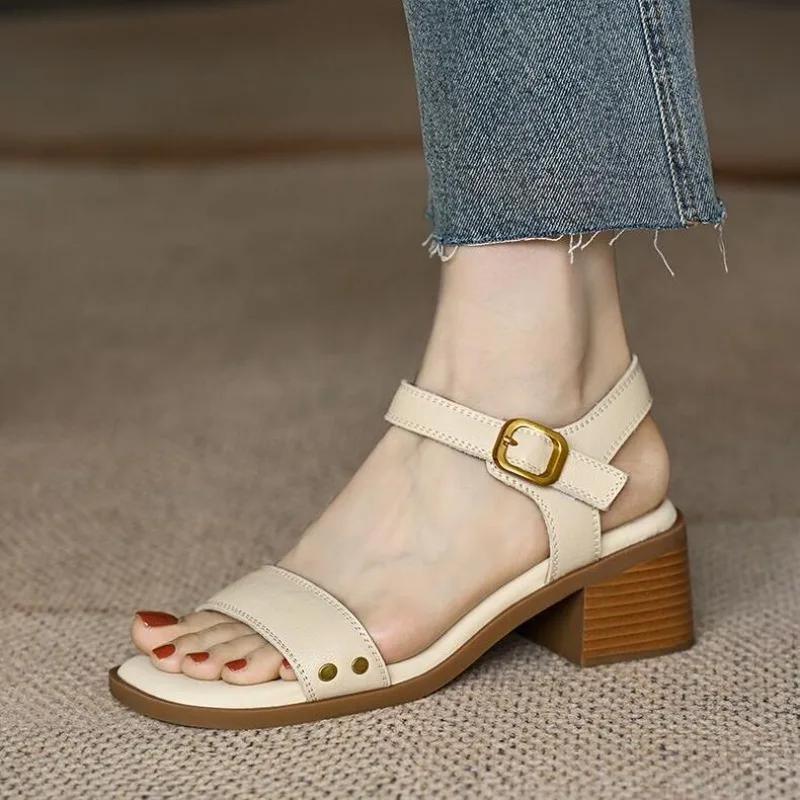 Fashion Women Sandals Summer Real Soft Leather Thick Heel Vintage Brown Sandals Women Cross One Line Strap High Heels Mary Jane Shoes