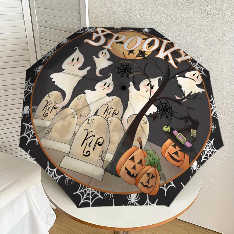 1pc Halloween Ghosts Pumpkins Tombstones Umbrella with Plastic Handle,Suitable for All Seasons Home Travel Outdoor UmbrellaDD846
