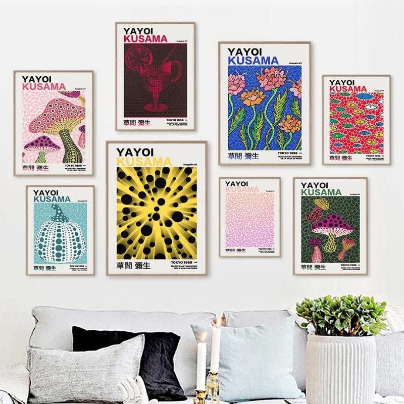 Nordic Retro Abstract Pumpkin Mushroom Flowers Yayoi Kusama Posters Wall Art Canvas Painting Wall Pictures for Living Room Decor