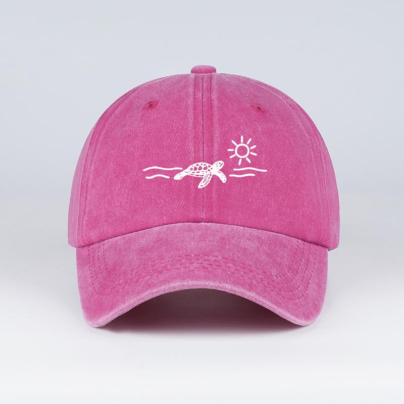 Vintage Washed Baseball Cap with Turtle, Sun, and Wave Print  Unisex Cap Perfect for Beach Vacations, Camping, and Fishing