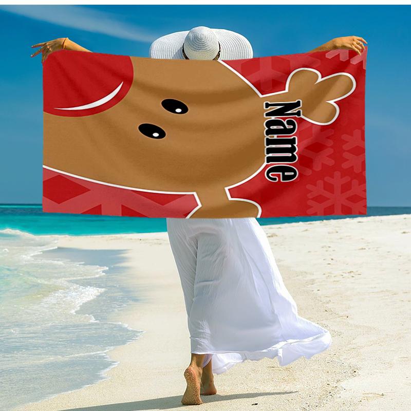 Custom Name Ultra-Soft Beach Towel with Christmas reindeer Theme,Ideal for Pool - Camping, Diving - Perfect Travel Essential, Vibrant Beach Towel.