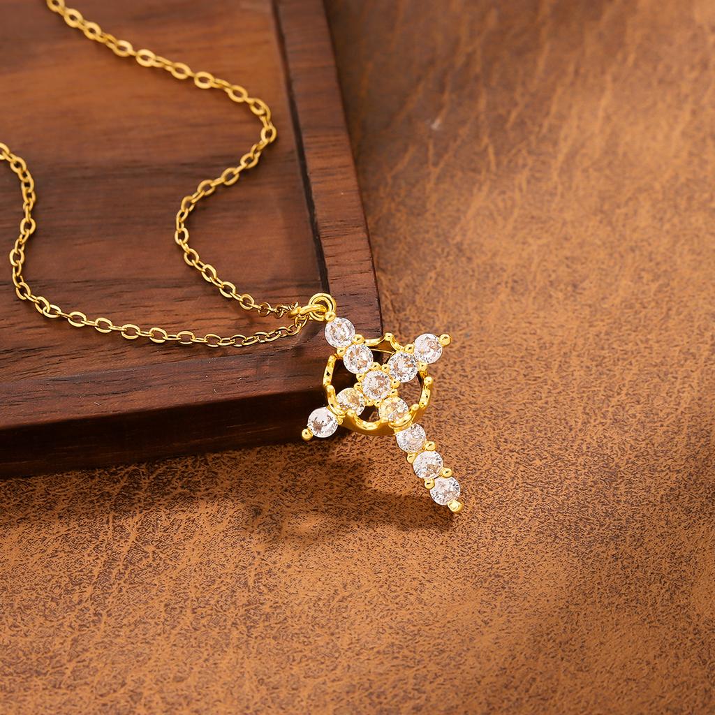 Rotatable Crown Rhinestone Birthstone Zircon Cross Choker Pendant Necklace for Women Cross Chain Christian Jewelry Prayer Gift