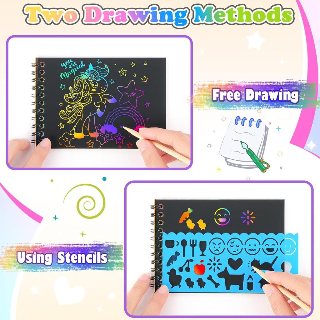 12 PCS Scratch Art Set 4 Rainbow Mini Notebooks 4 Stencil Sheets 4 Wooden Stylus Fun Drawing, Party Favors Creative Gifts