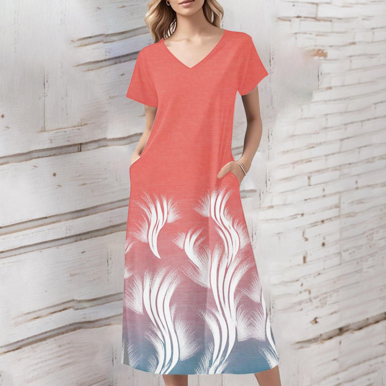 

Женское летнее платье с цветочным принтом, пляжное платье с коротким рукавом и карманами, повседневное платье с V-образным вырезом и разрезом сбоку S красный