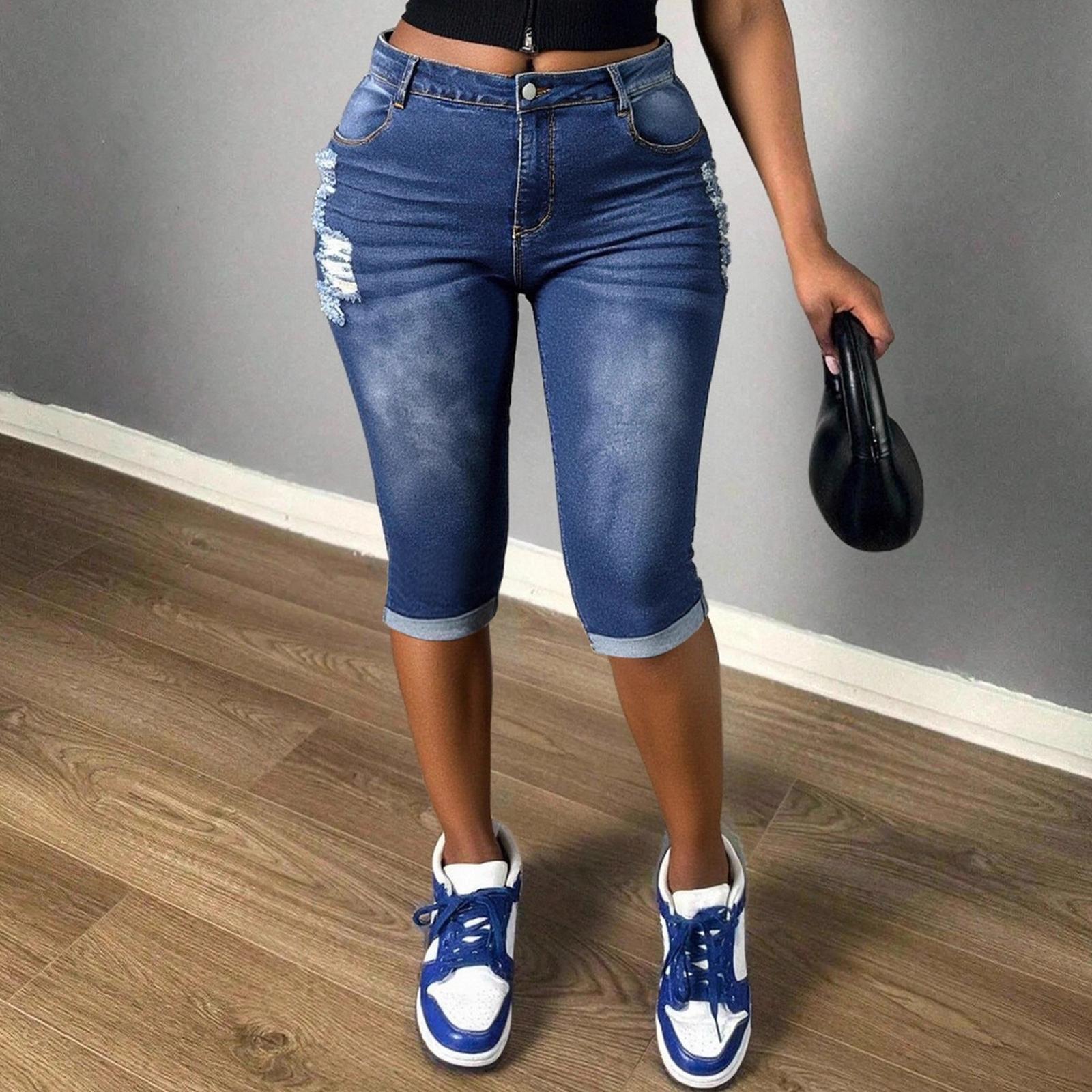 

Женские цветные джинсы стрейч узкого кроя из потертого денима L темно-синий