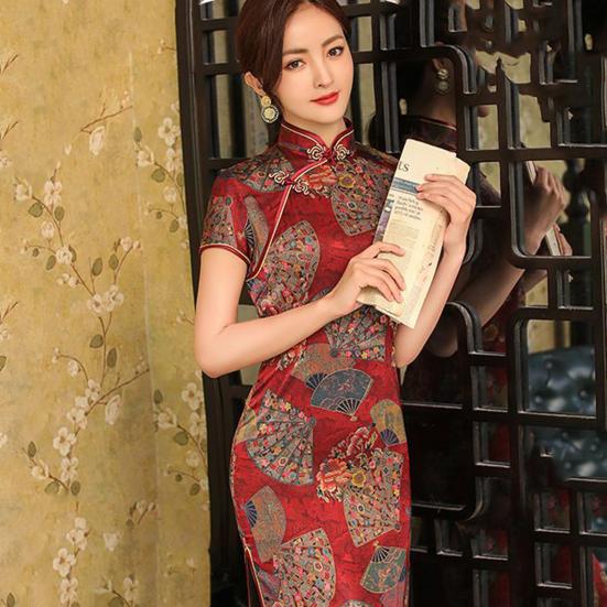 Mandarin Collar Short Sleeve Disc Buckles Smooth Traditional Qipao Chinese Style Mountain