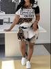 Leopard Print Splicing Women's Casual Suit Short-sleeved Shorts 1D Digital Flower Printing Fashion T-shirt Set