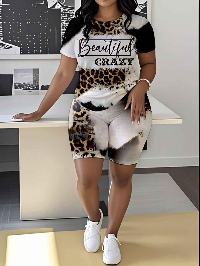 Leopard Print Splicing Women's Casual Suit Short-sleeved Shorts 1D Digital Flower Printing Fashion T-shirt Set