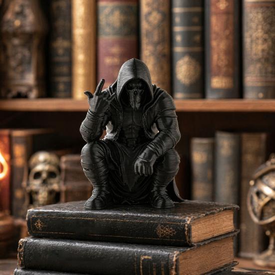 3D Printed Mini Hooded Skull Figurine, Dark Style Desktop Ornament, Cool Rock Gesture Skeleton Decor for Study Room E-Sports Room
