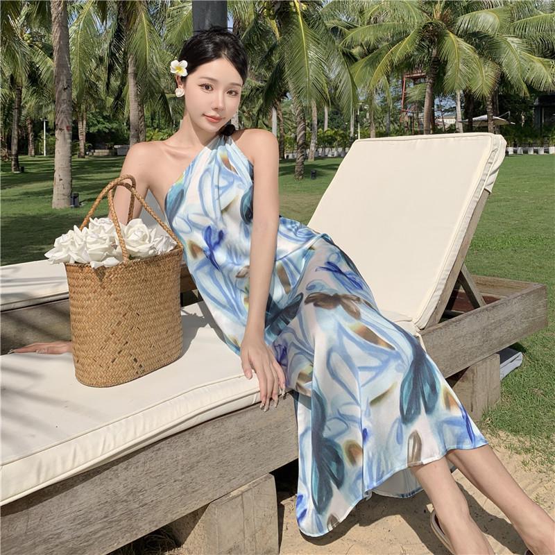 One-shoulder French design sense printing suspender dress women's summer new retro fashion foreign temperament long dress