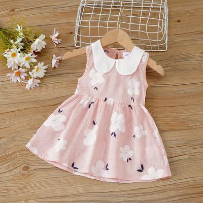 Vestido de Princesa Infantil Sem Mangas com Gola Peter Pan em Algodão Linho Estampado