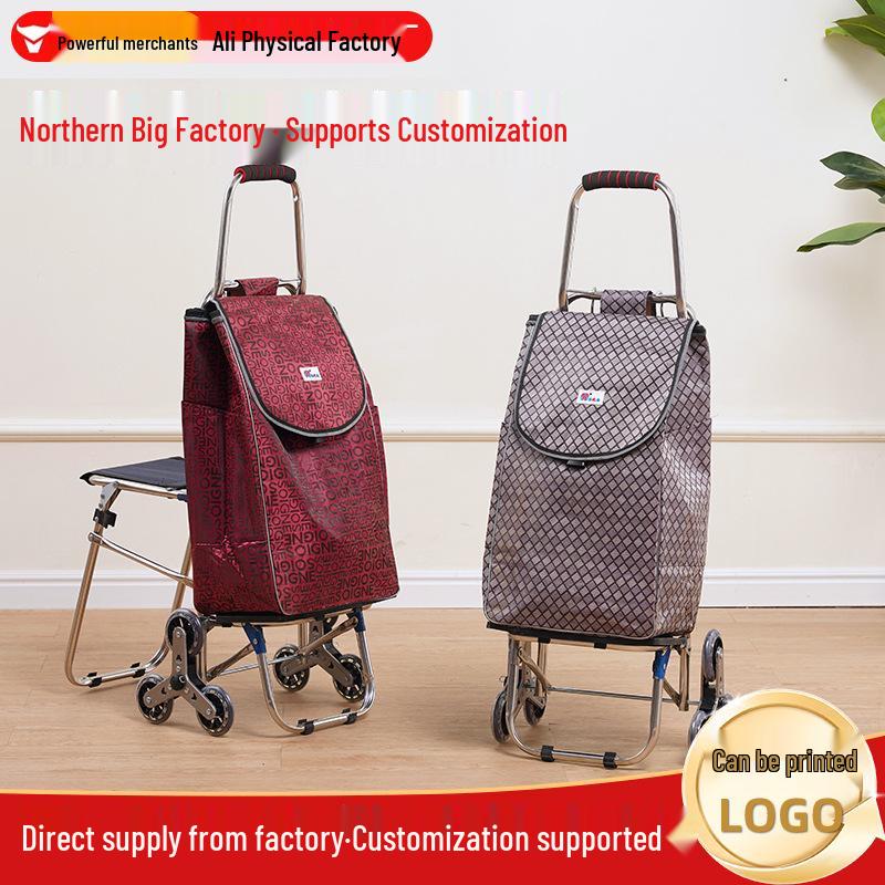 Compact Folding Stair-Climbing Trolley with Seat, Stainless Steel Rod, Outdoor Grocery Cart