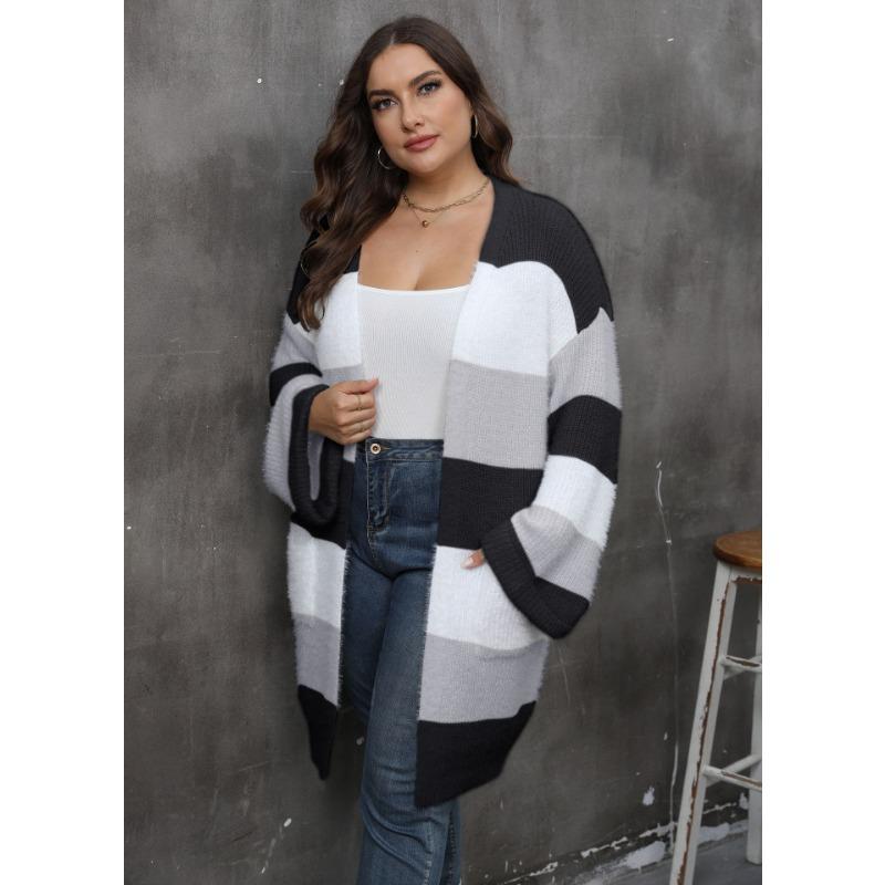 Women S Plus Size Striped V Neck Long Sleeve Knit Cardigan Coat