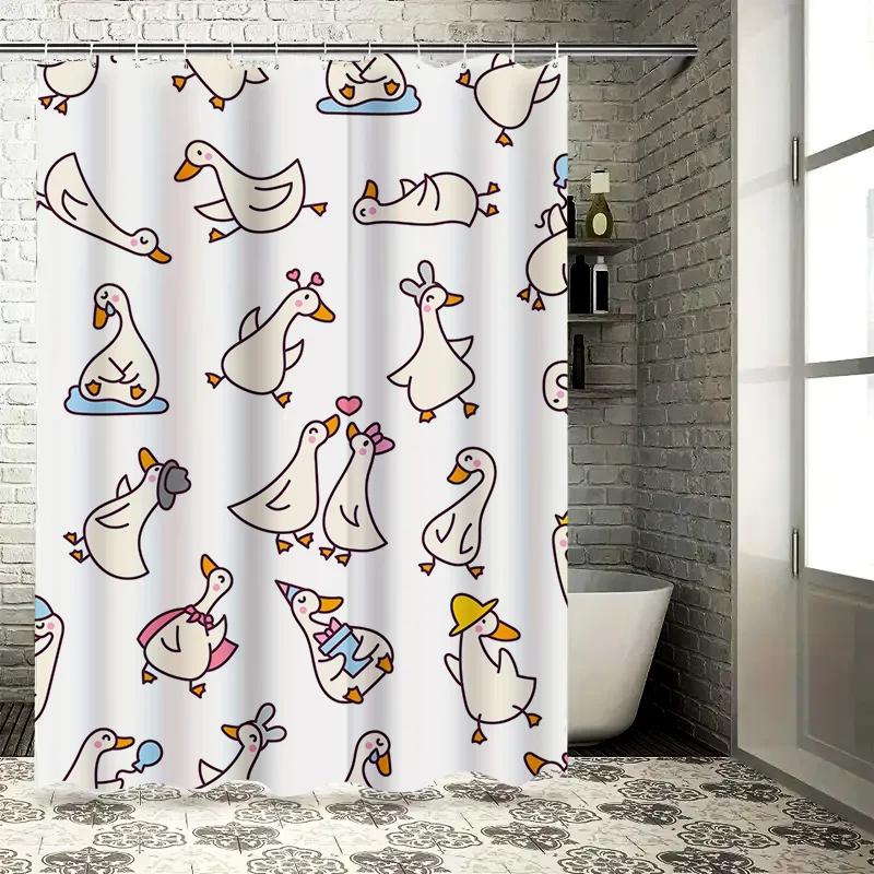 Vibrant Duck Family Cartoon Shower Curtain for Bathroom Decor White and Multicolored Design with Hook Rings Set included.