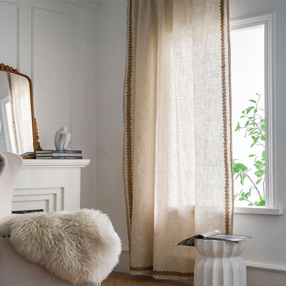 Linen Blending Jute Lace Curtains Road Pocket Shade Curtain Tassel for Kitchen Bedroom Living Room Bay Window Cabinet Curtain