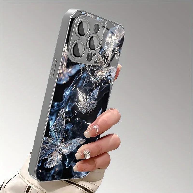 Kristall Schmetterling Muster Galvanisiert Silber Gehärtetes Glas Handyhülle Für Samsung Galaxy S25 S24 S23 Ultra Plus FE Hülle
