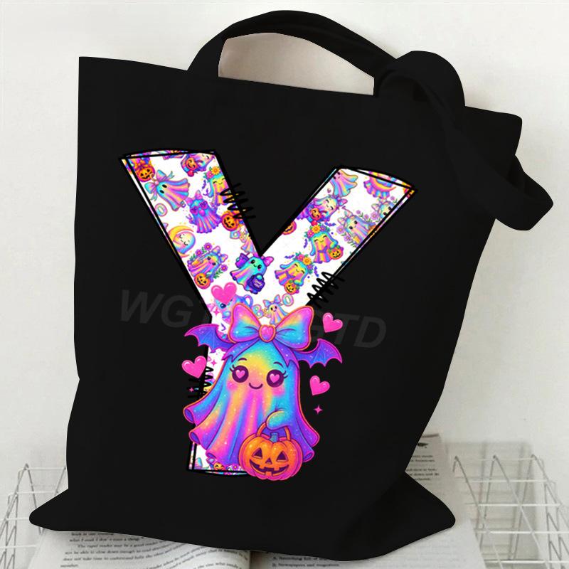 Halloween Alphabet Canvas Bag Going Out Portable Handbag Women's Large Capacity Casual Shoulder Crossbody Bag