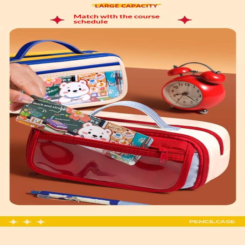 Large Capacity Transparent Pencil Case Cute Cartoon Bear Holds 40 Pens For Students School Use