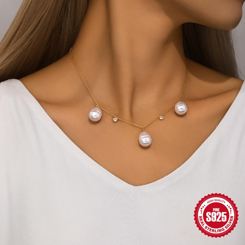 Daily Wear Large Pearl Luxury S925 Sterling Silver Irregular Pearl Pendant Necklace Collarbone Chain