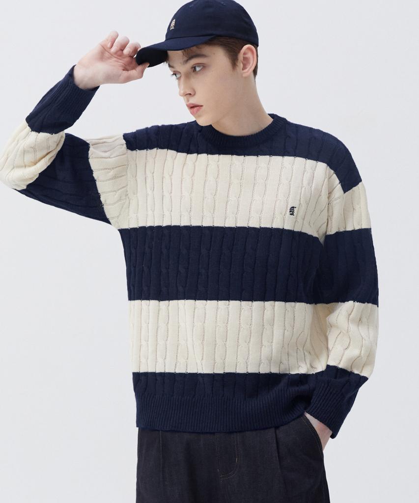 TRILLION Washable Boat Embroidery Cable Crew Neck Knit (Navy Stripe)