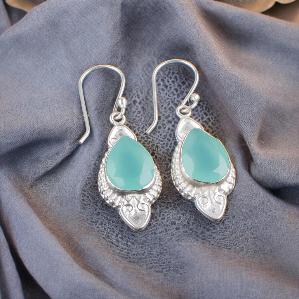 Aqua Chalcedony Gemstone 925 Solid Silver Jewelry Handmade Women Earrings 1.80" EE-42-16