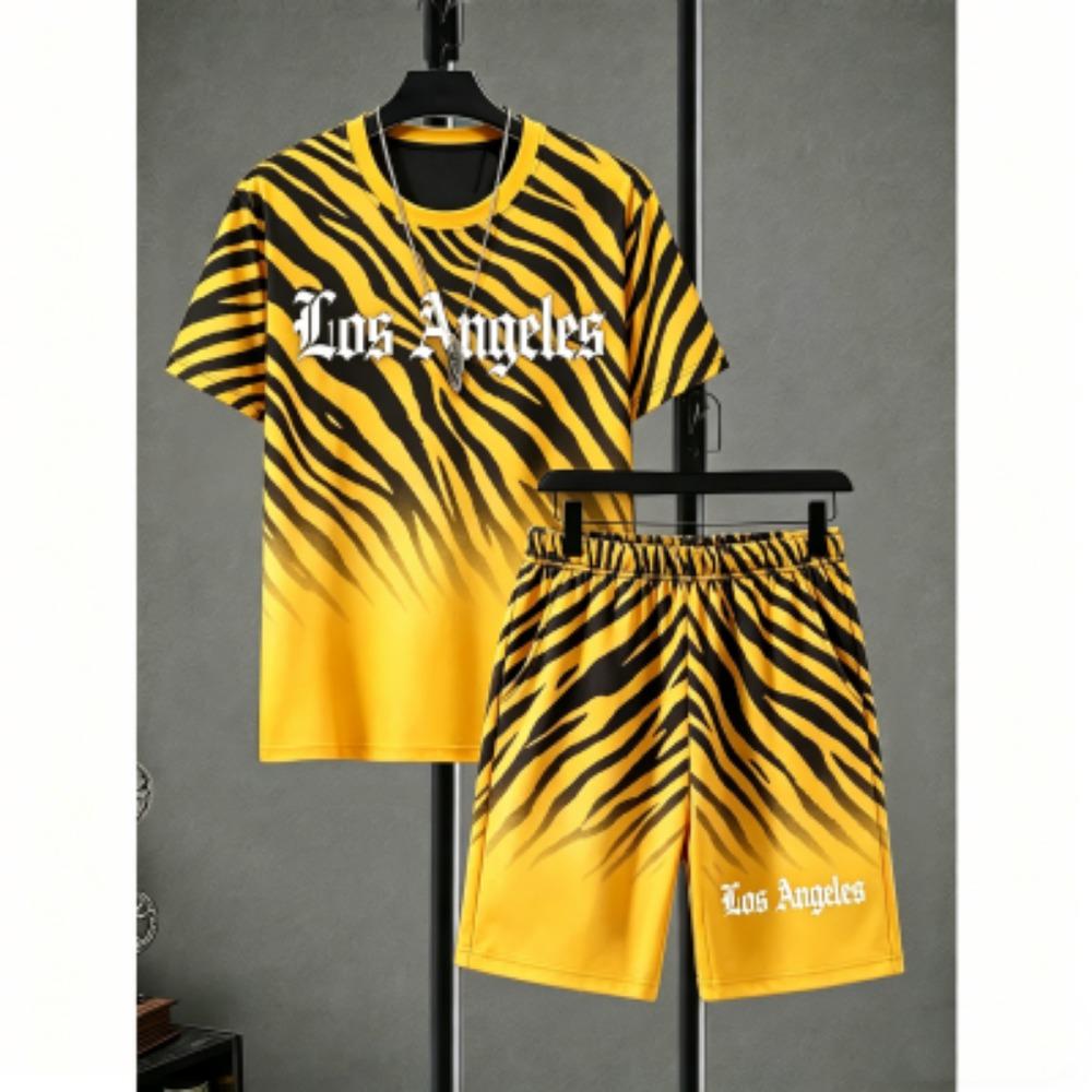 Fashion Men's Set Letter Zebra Stripe Colorful Printed Men's T-shirt and Shorts 2 Piece Set Summer Casual Outdoor Men's and Women's T-shirt Sets