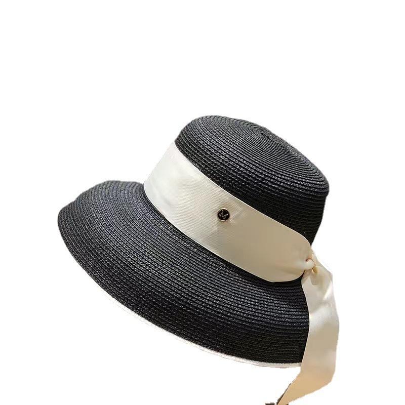 Pălărie de paie cu curea de mătase Stil retro francez Hepburn pentru femei Modă coreeană Pălărie de soare anti-orbire Versatilă Șapcă de exterior