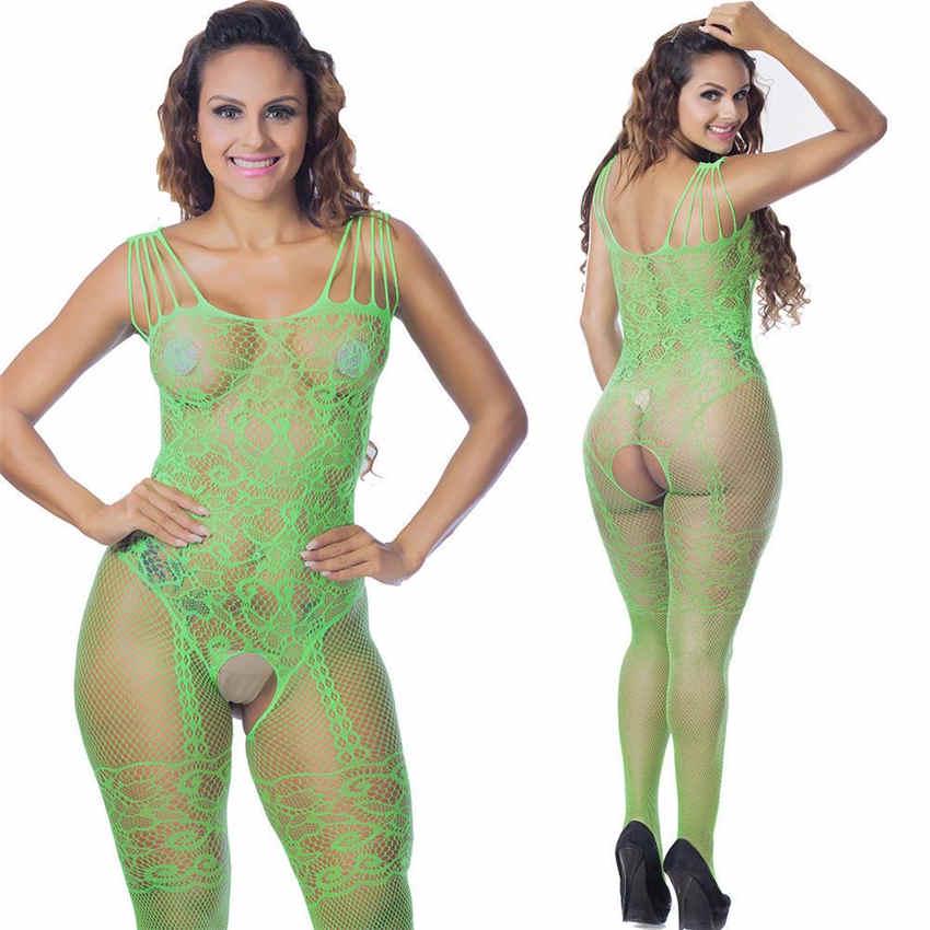 Women Sexy Stretch Fishnet Mesh Body-stocking Open Crotch Seamless Conjoined Tights Net Set