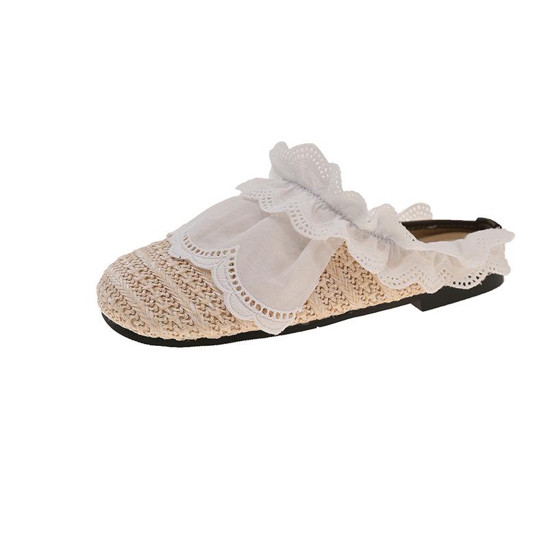 

Baotou half slippers women s summer wear 2025 new gentle fairy wind flat soft bottom not tired feet lace edge slippers 40