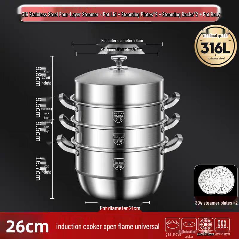 316 Stainless Steel High-Rise Steamer Pot, Extra Thick, Food-Grade, Large Capacity, Versatile 3-4 Layer Soup Pot