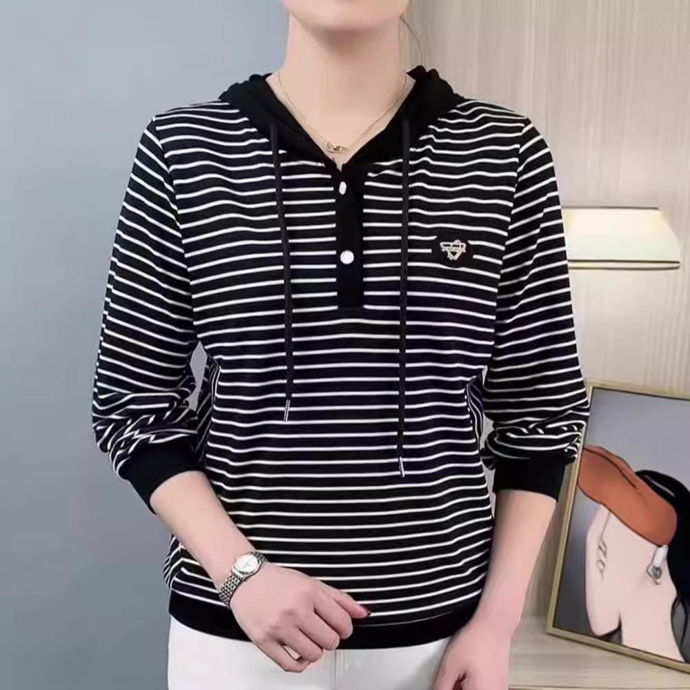 New T-shirt for Women's Fashionable Thin Versatile Striped Hooded Long-sleeved Top Spring and Autumn Striped Sweatshirt
