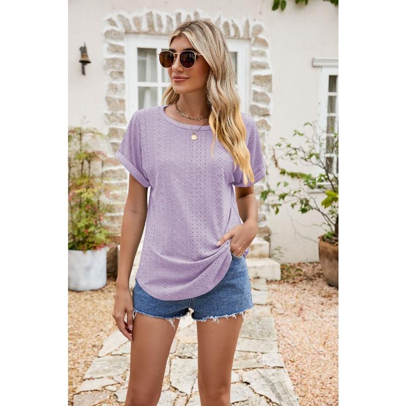 HNXC Women's Fashion Casual Solid Color Print Short Sleeve O Neck Blouses & Shirts