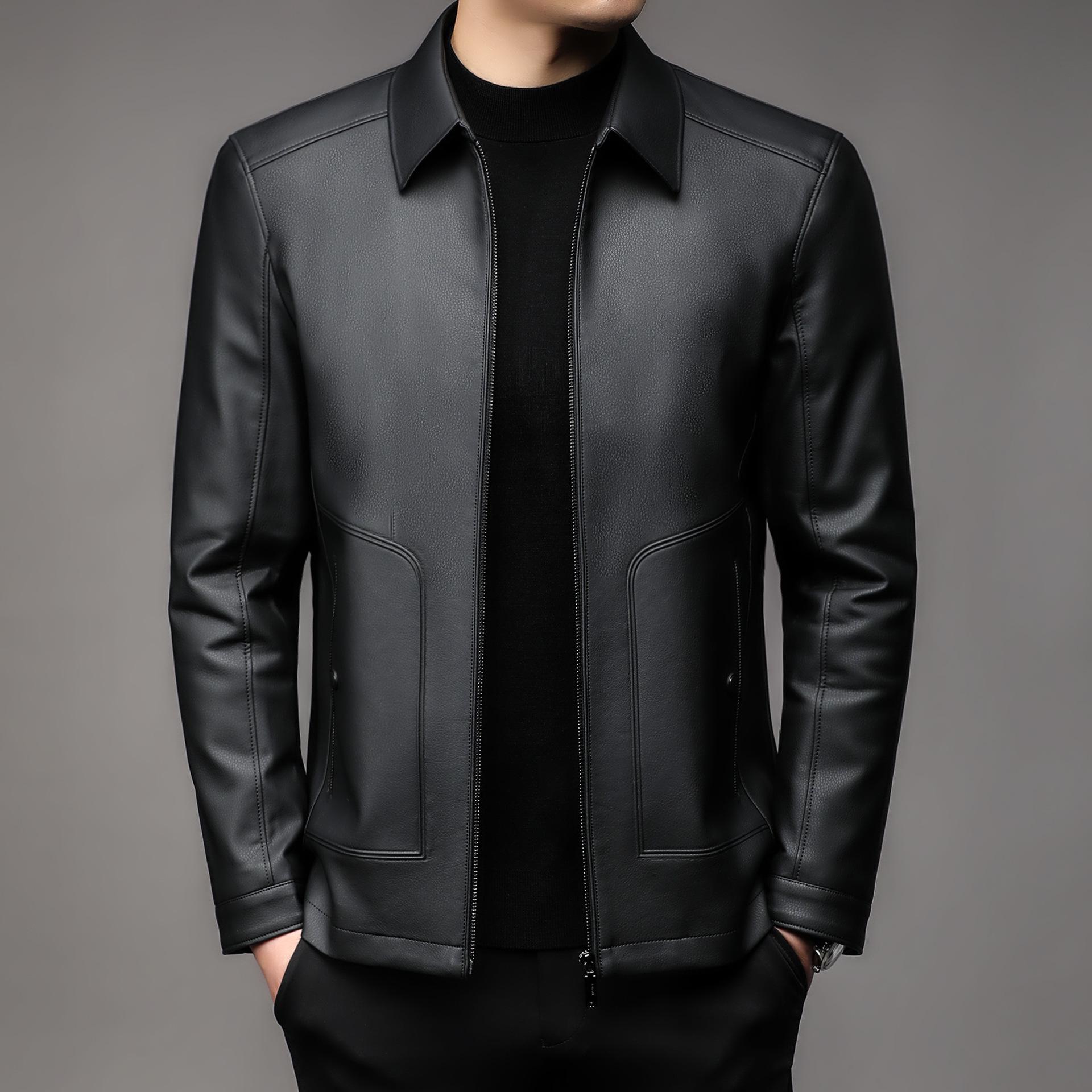 

Men s Middle-Aged Lapel Sheepskin Leather Jacket - Dad Style Casual Motorcycle Outerwear with Plus Velvet Lining 185/XXL