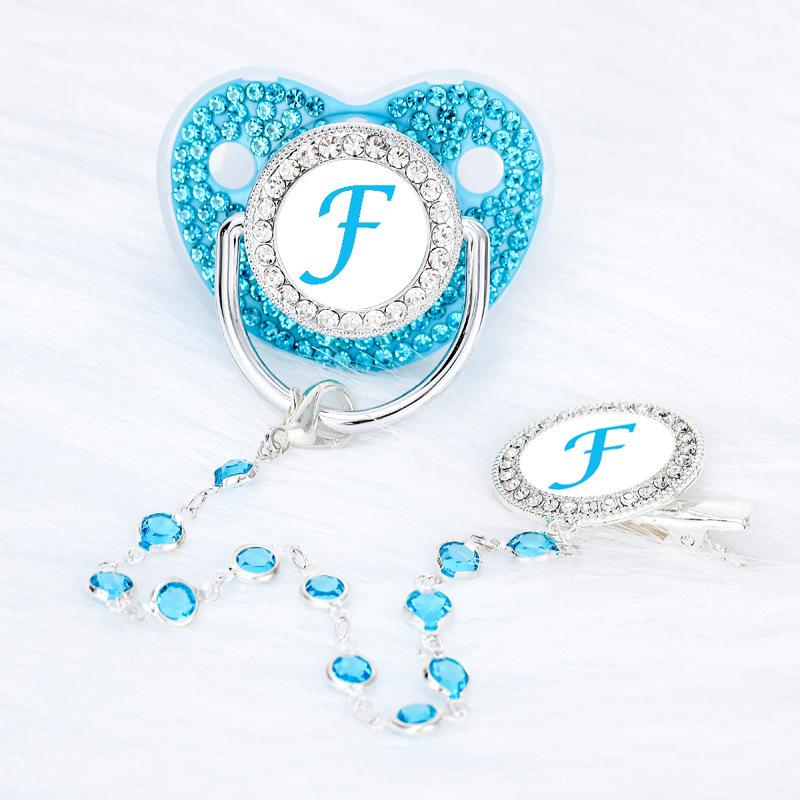 Lake Blue Rhinestone Baby Pacifier with Beaded Chain Clip