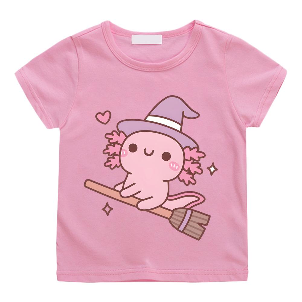 2026 New Style Cute Axolotl Witch Flying on A Broom T-shirts Boys Girls Children T Shirt Graphic Printing Tshirt