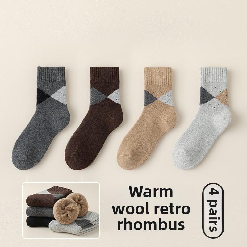 

4 пары мужских осенне-зимних носков из толстой шерсти с ромбами в стиле ретро, теплых и холодных 4 Pairs