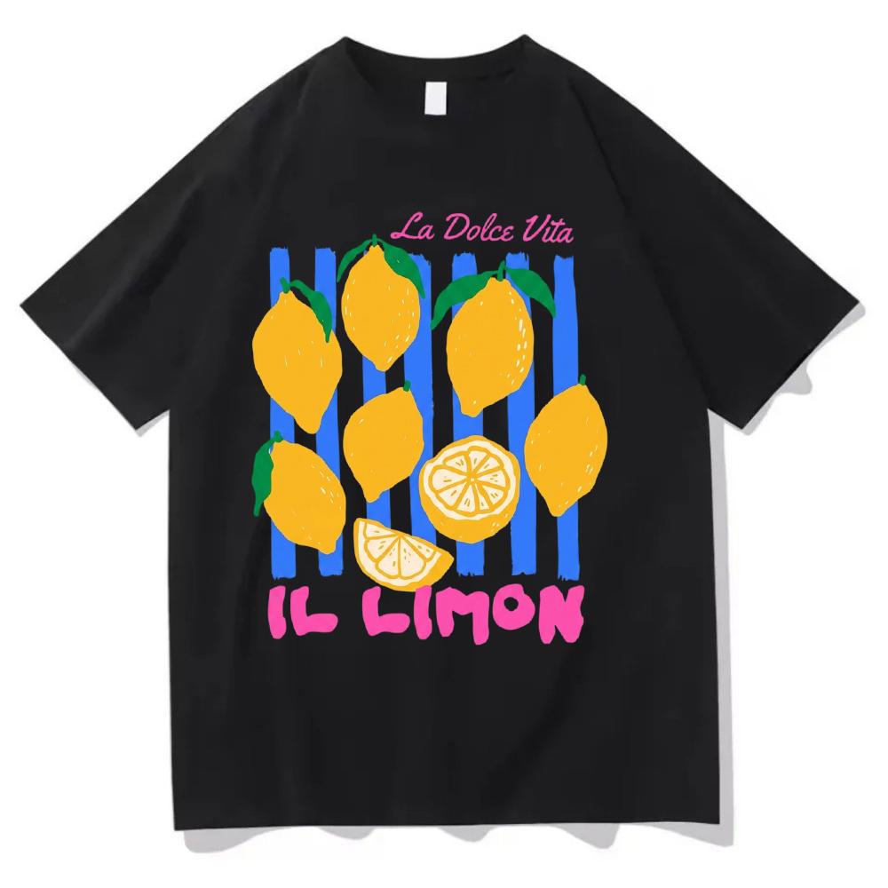 La Dolce Vita Zitronen T-Shirt Italienischer Sommer Grafik-Tee Vintage Gestreiftes Frucht-Top Retro Ästhetik Harajuku Streetwear Unisex Tee