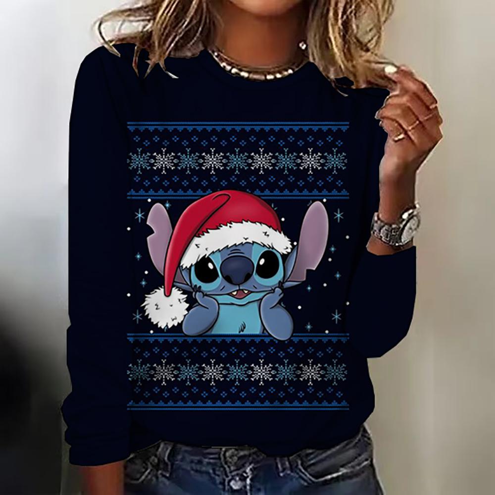 New women's round neck T-shirt long sleeved top Disney Christmas Stitch print fashionable and trendy women's T-shirt top for aut