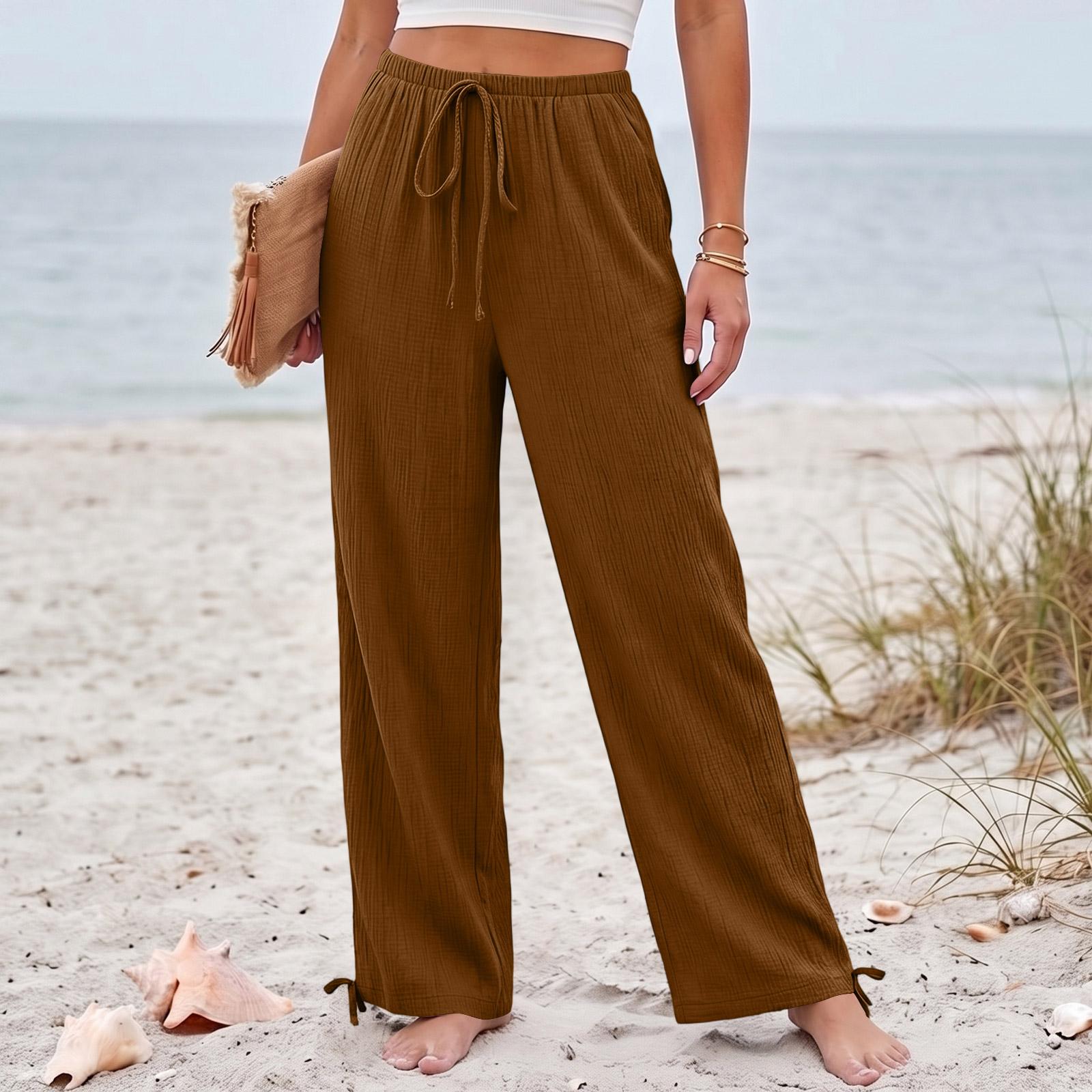 

Women s Loose-fitting, -color, Straight-leg Casual Pants With Drawstring And Pockets. M коричневий