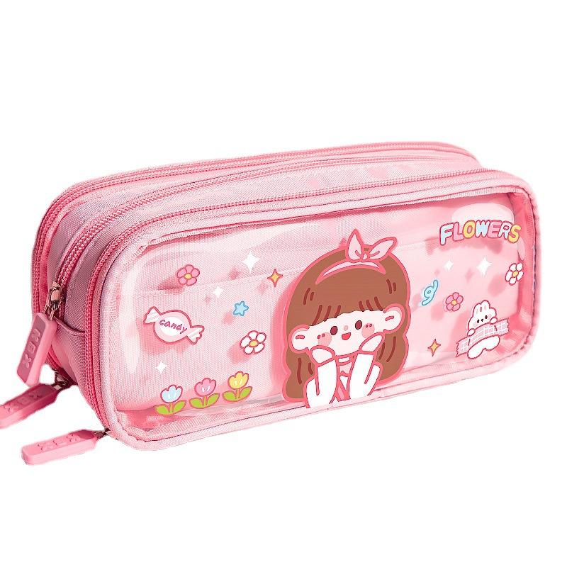 Super Large Capacity Cute Cartoon Canvas Pencil Case High Color Value Primary School Stationery Bag Transparent Plastic Material