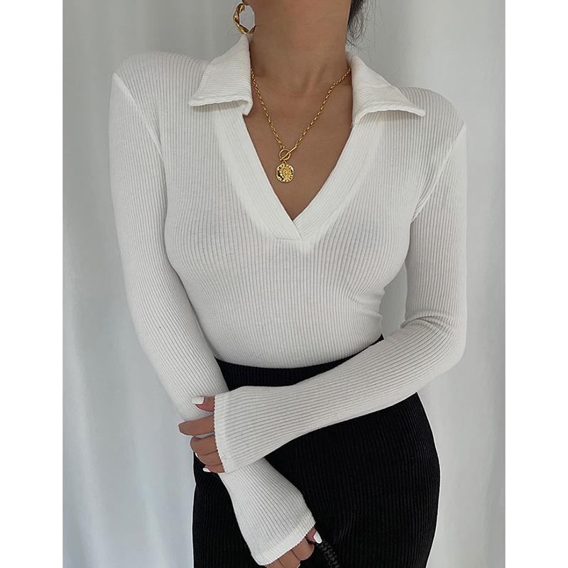 Damen V-Ausschnitt Langarm Skinny T-Shirts Damen Gestrickte Tops Herbst Winter Feste Beiläufige Dünne Damen Tees Streetwear