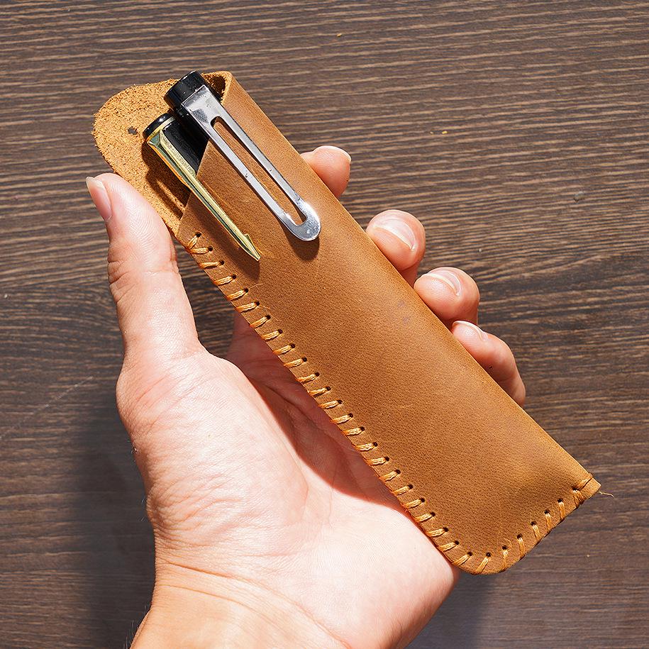 Genuine Leather Retro Pen Case - Handmade First Layer Cowhide Pencil Bag, Creative Gift Protective Cover